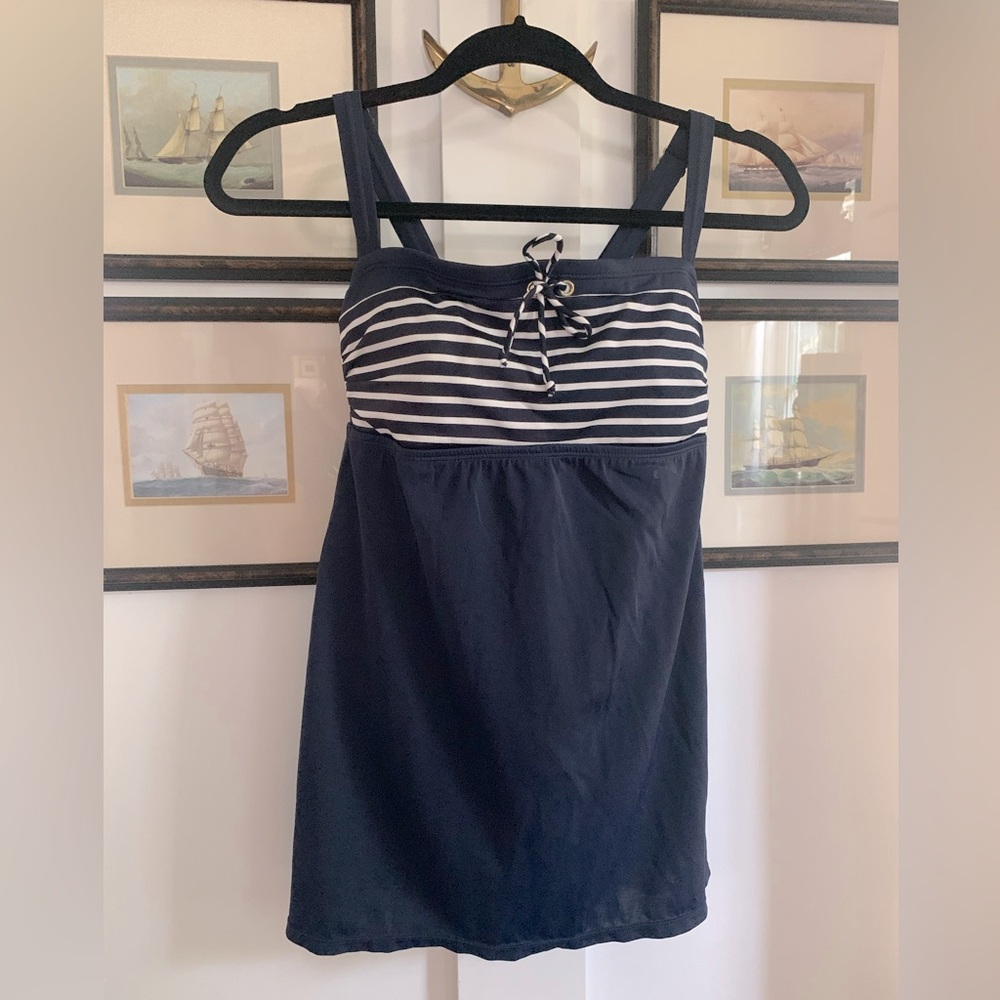 Tommy Hilfiger One Piece Bathing Suit Skirt Overlay Navy Blue White Sz 6 Straps
